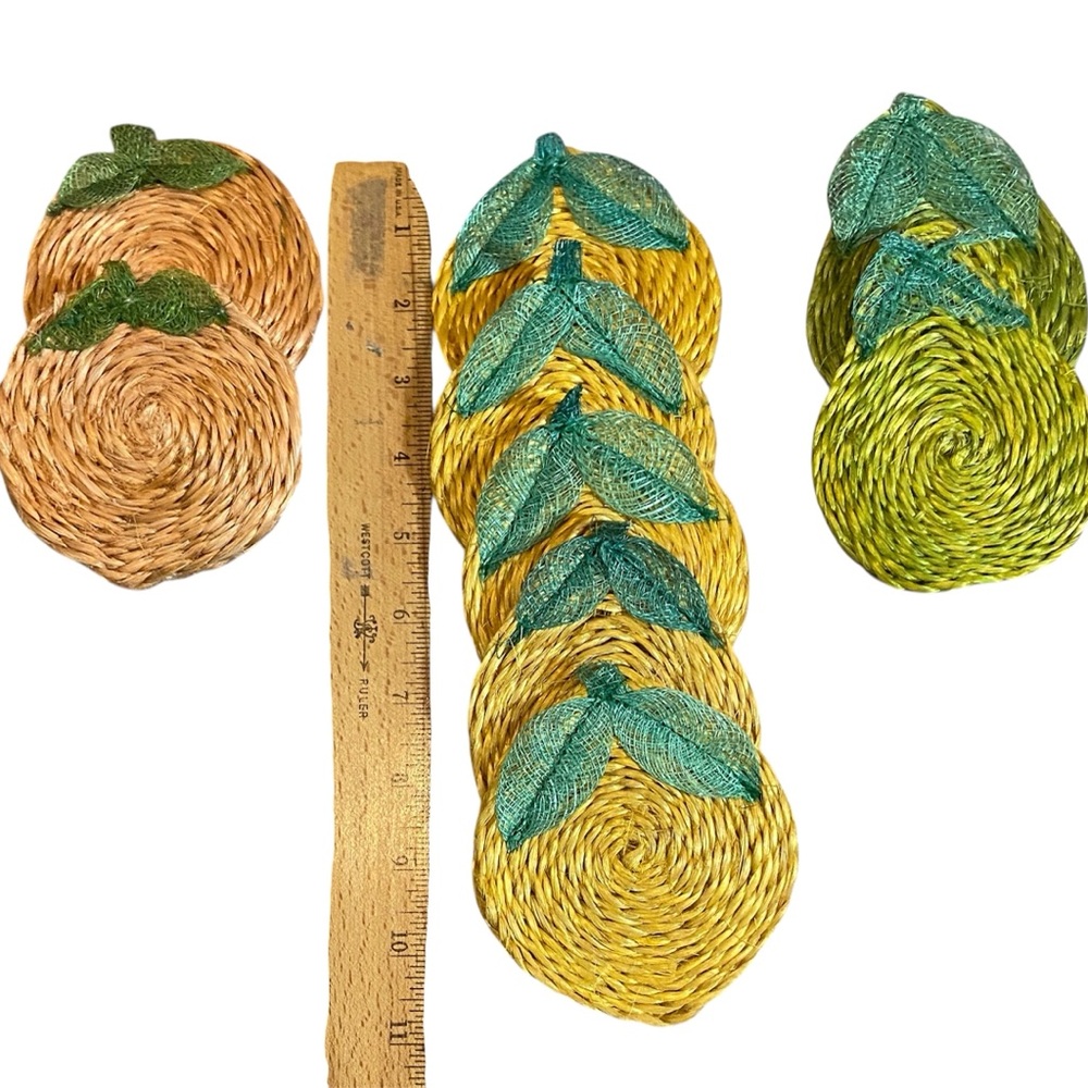 Set of 9 Vintage Straw Rattan Fruit Shaped Coasters